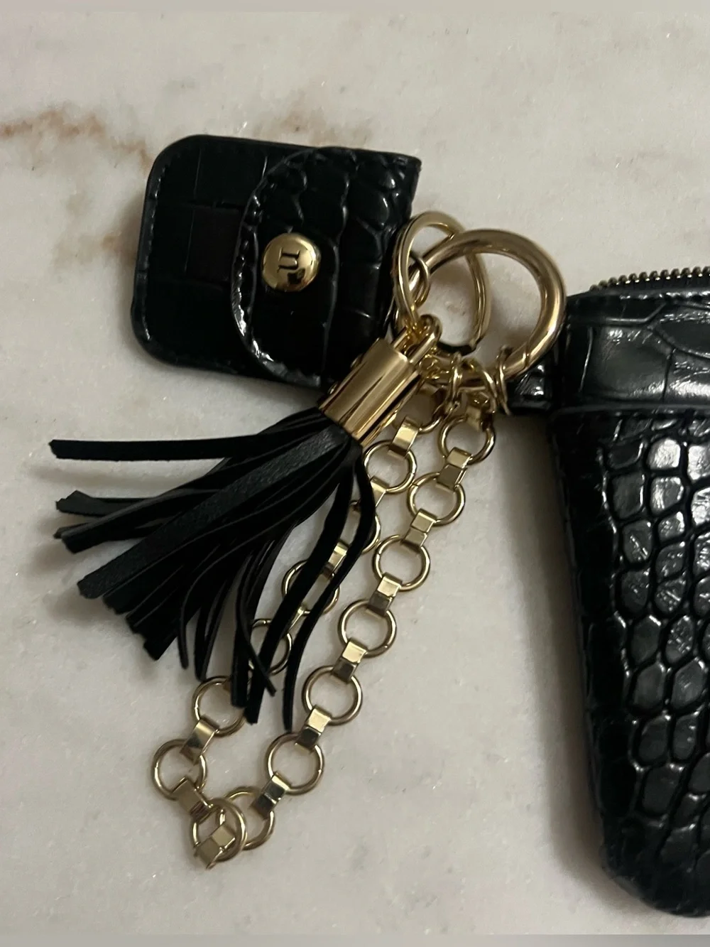 Nanette Lepore Black Patent Leather Croc Embossed Wristlet Gold Chain Accents